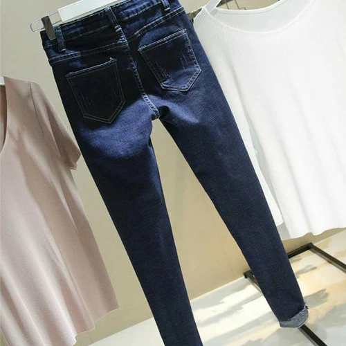 Модные кашемировые зимние теплые джинсы женские с высокой талией черные и синие