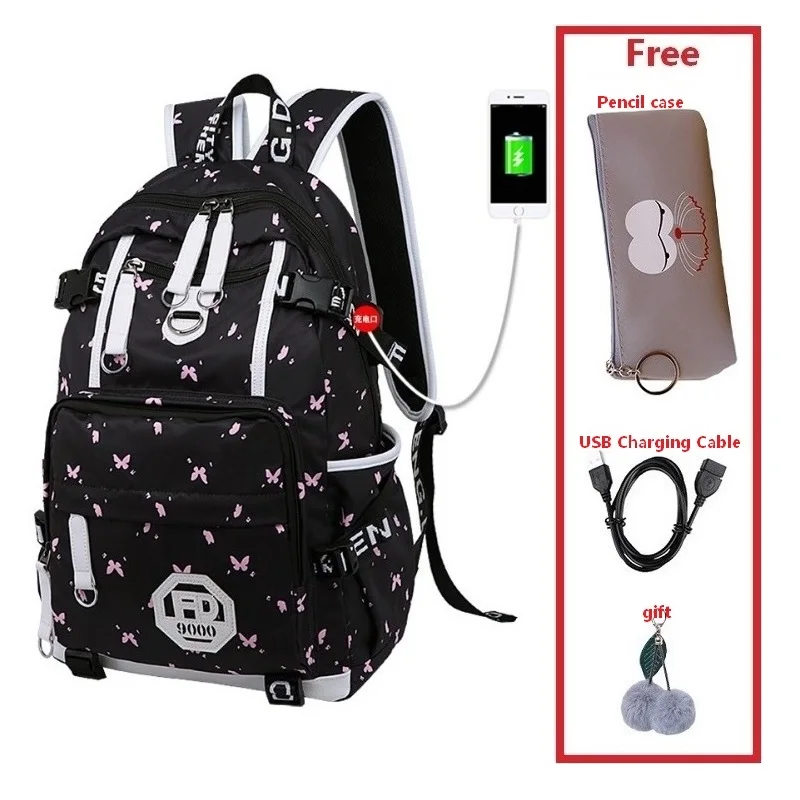 Set 15 Рюкзак с USB зарядным устройством для женщин, школьная сумка для девочек, сумка через плечо, рюкзак с принтом, водонепроницаемый ранец, школьные сумки для девочек-подростков - Цвет: Set 15