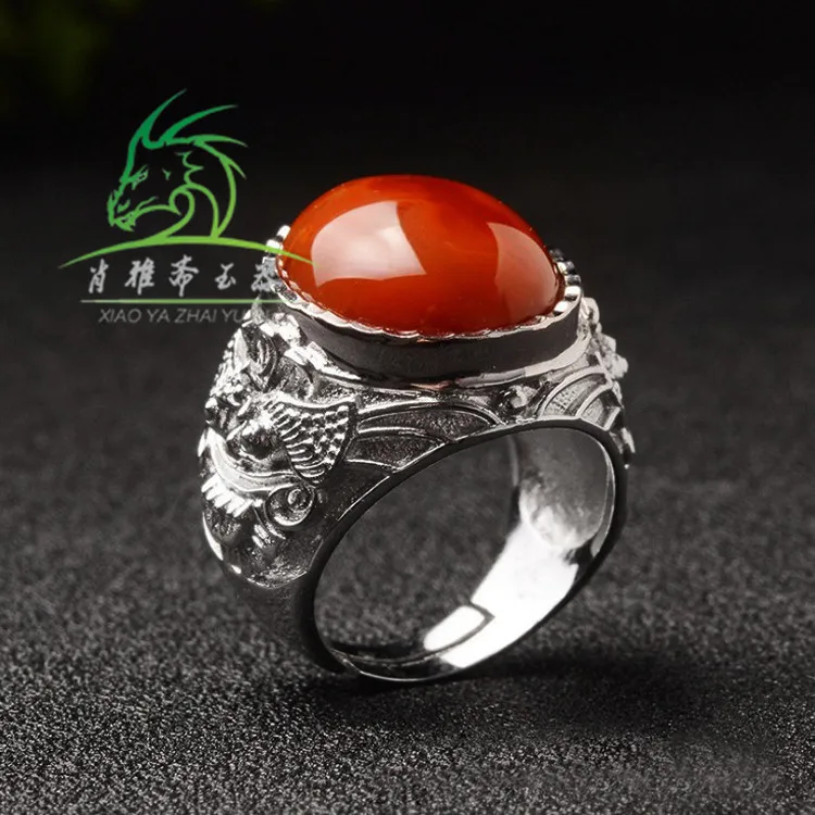Liangshan Южно-красный агат S925 Серебряное кольцо хурма красное открытое Южно-красное Кольцо мужское живое кольцо