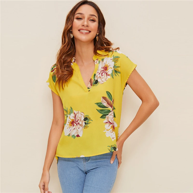 SHEIN модная женская блузка с v-образным вырезом и цветочным принтом, женская летняя Повседневная Блузка в стиле бохо с асимметричным подолом, Женские топы и блузки