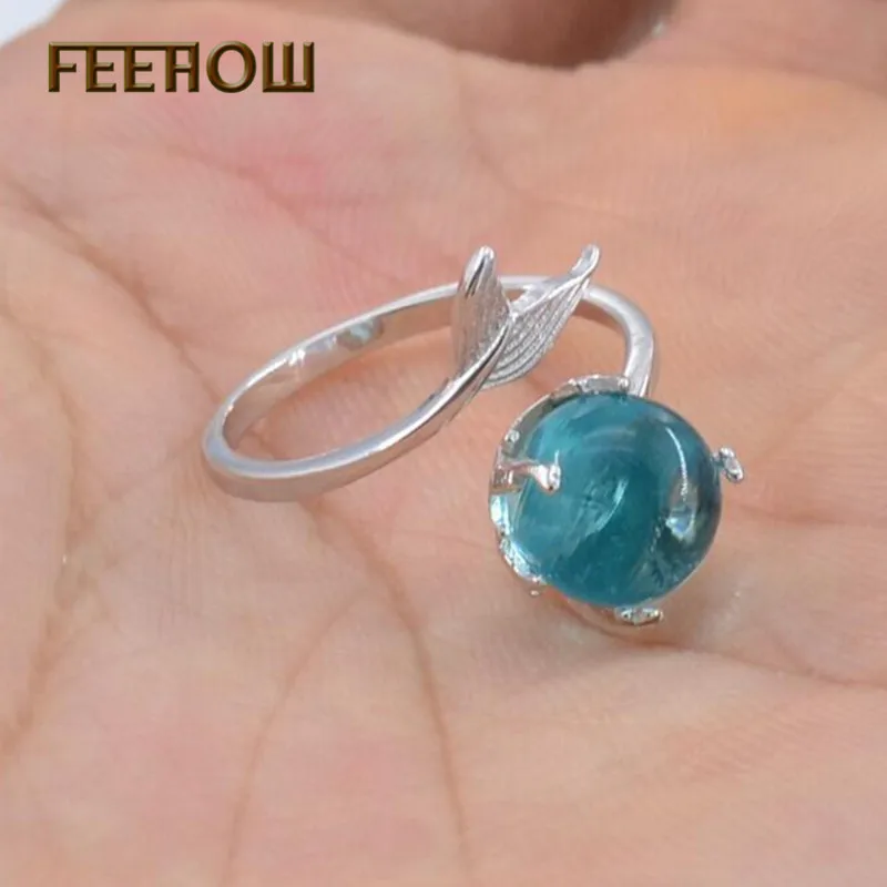 FEEHOW модные милые голубые кристаллы Открытые Кольца рыбий хвост Русалка