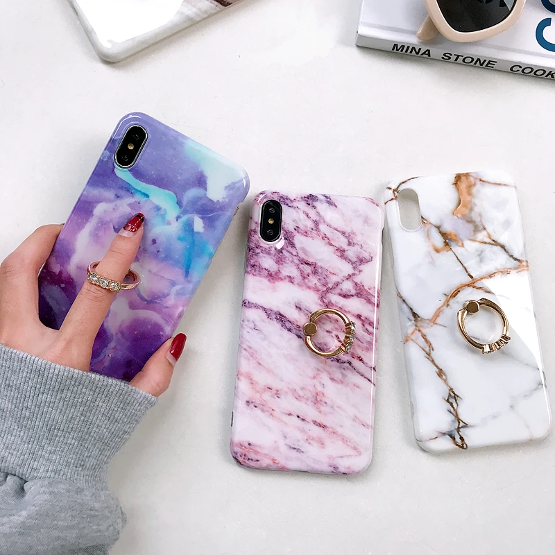 Чехол для iPhone X Xr Xs Max роскошный мрамор с эффектом трещин блестящее кольцо