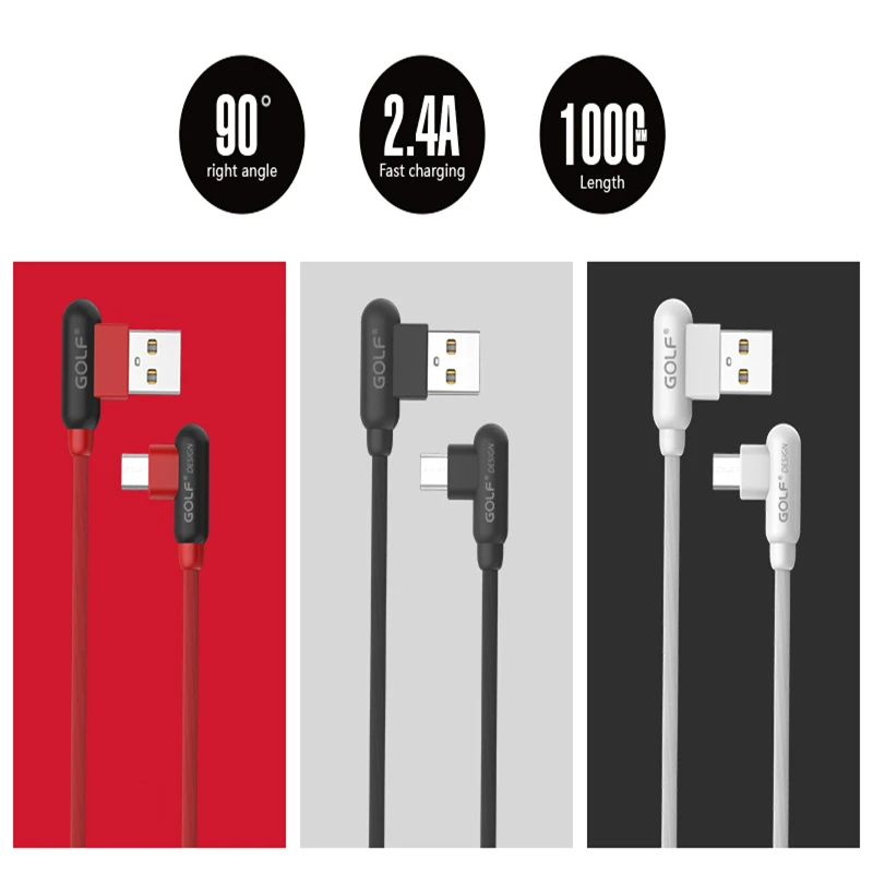 GOLF 90 градусов правый угол 2.4A Быстрая зарядка USB кабель для синхронизации данных