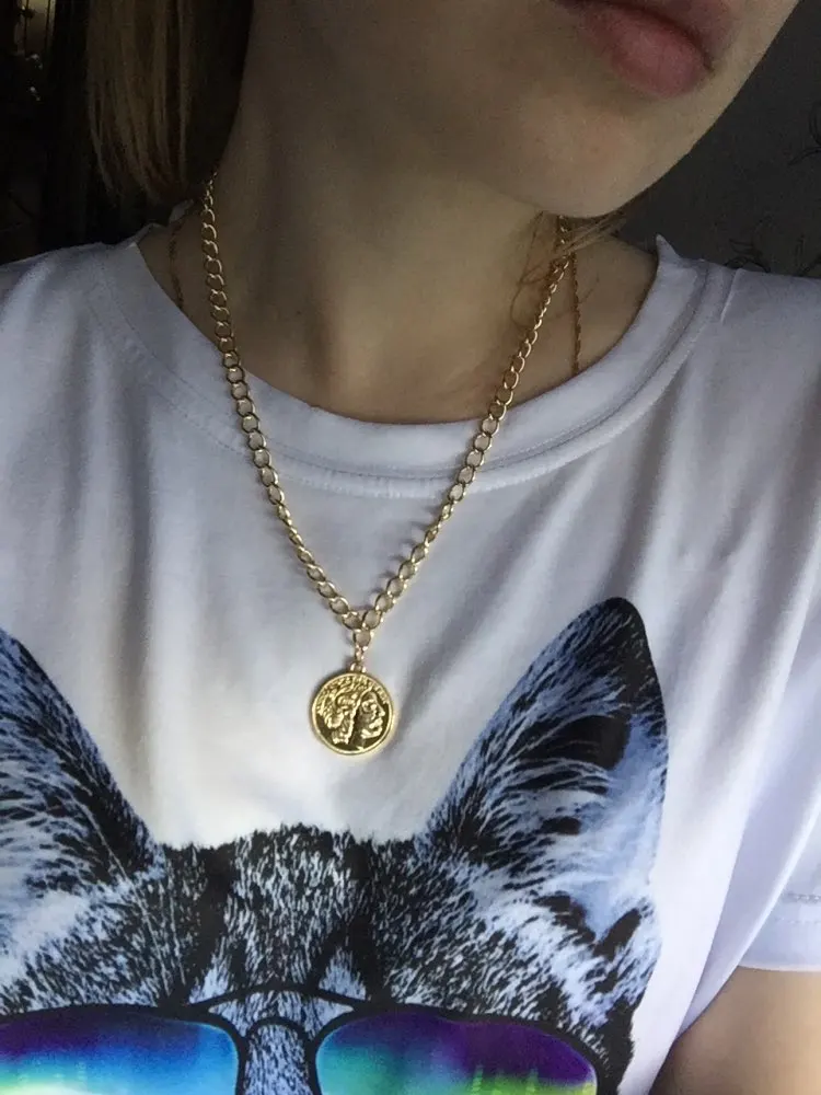 

Golden Color Big Plating Pendant Necklace For Women Coin Big Necklace For Girl Best Friends Necklace