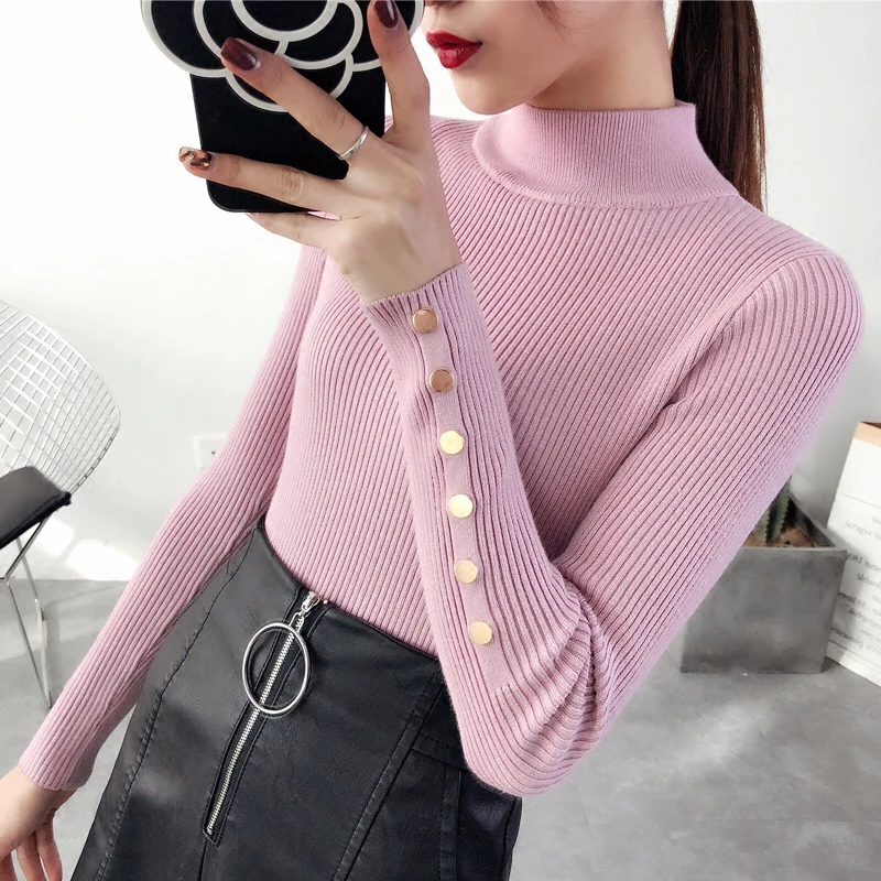 

OHCLOTHING 2020 New Fashion half Korean Spring button Sleeve sweater Lady Female Tops Women knitted Fashion Turtleneck Pullover