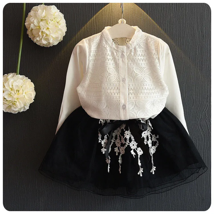 2016 Korean Children's Garment Autumn 2 Set New Pattern Girl Baby Hollow Decorative Pattern Sleeve Short Skirt Fashion Suit