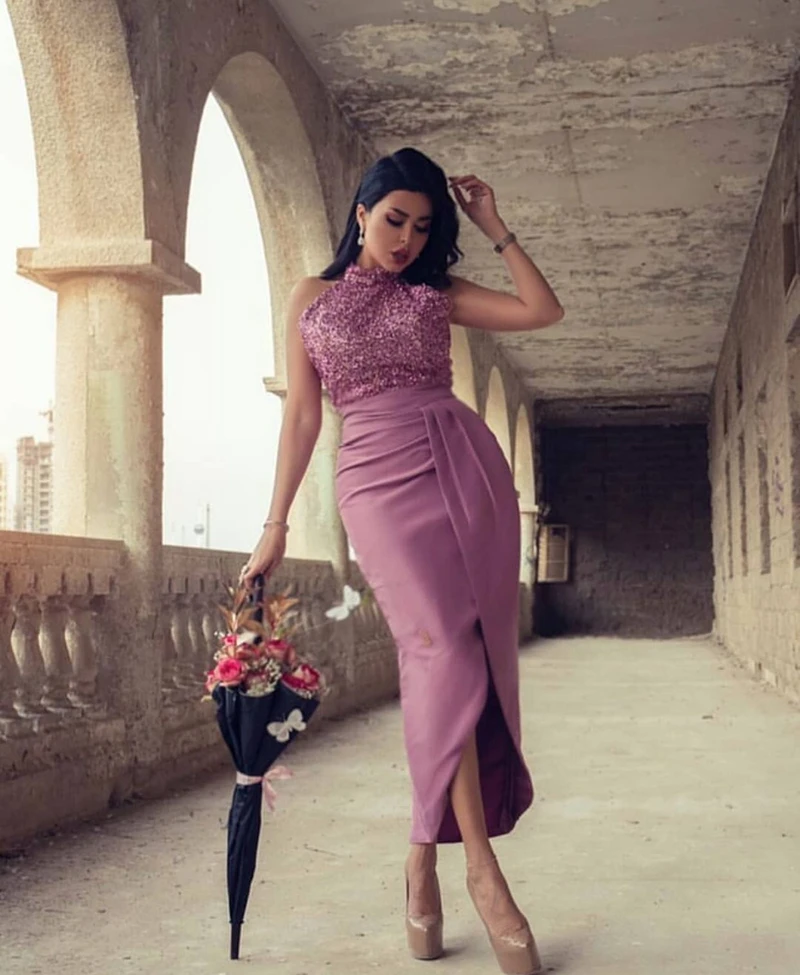 Женское вечернее платье до середины икры короткое с кристаллами для выпускного