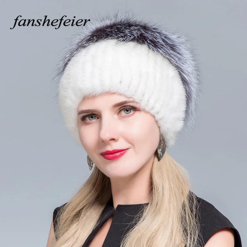 Женская шапка Fanshefeier зимняя с помпоном из натурального меха норки теплая вязаная