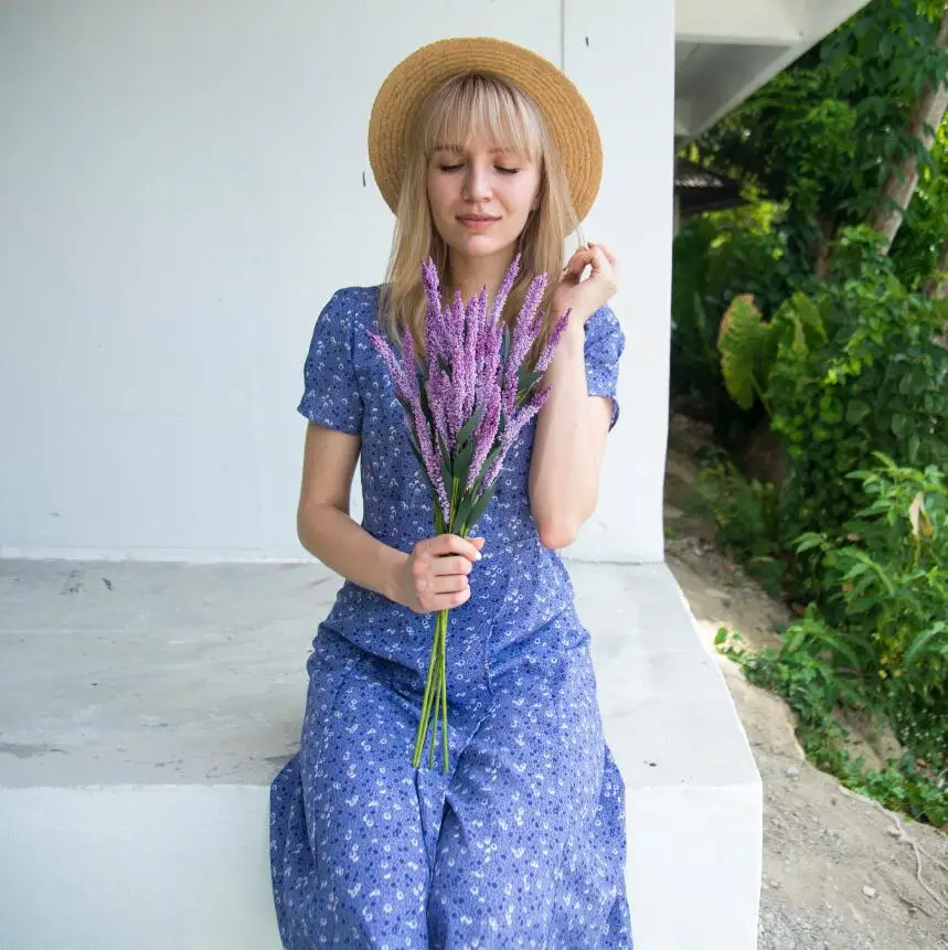 2019 Spring Summer Women Purple Floral Dress V-neck Short Sleeves Vintage Split Long robe femme | Женская одежда