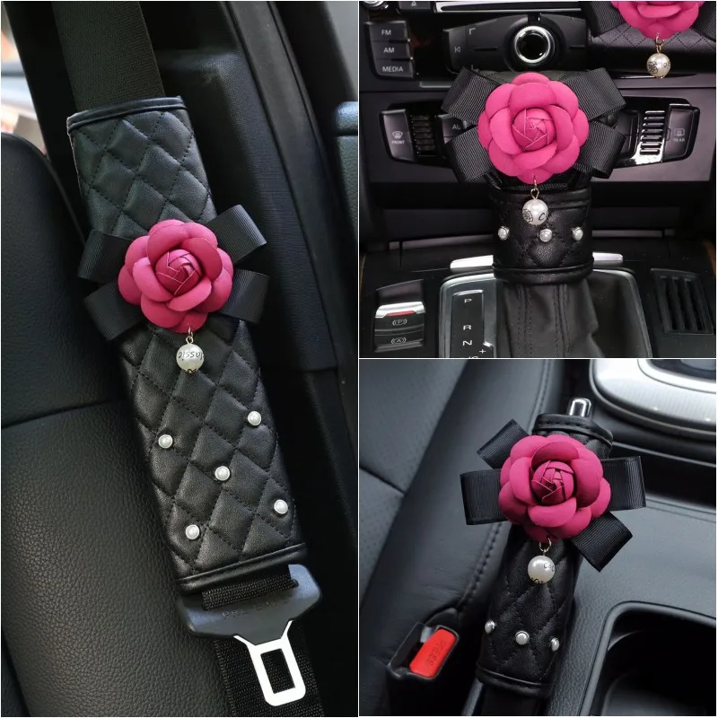 

Fashion Pearl Camellia Flower Car Seat Belt Cover Shoulder Pads Car Shifter Hand Brake Covers Auto Interior Accessories Rose
