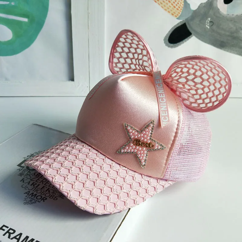 light pink Летняя Детская Повседневная Уличная шляпа от солнца, Хип кепки в стиле поп с большим кружевным бантом, детская бейсбольная кепка, новая звезда, жемчужная Кепка для девочек, Snapback, сетчатая Кепка s - Цвет: light pink