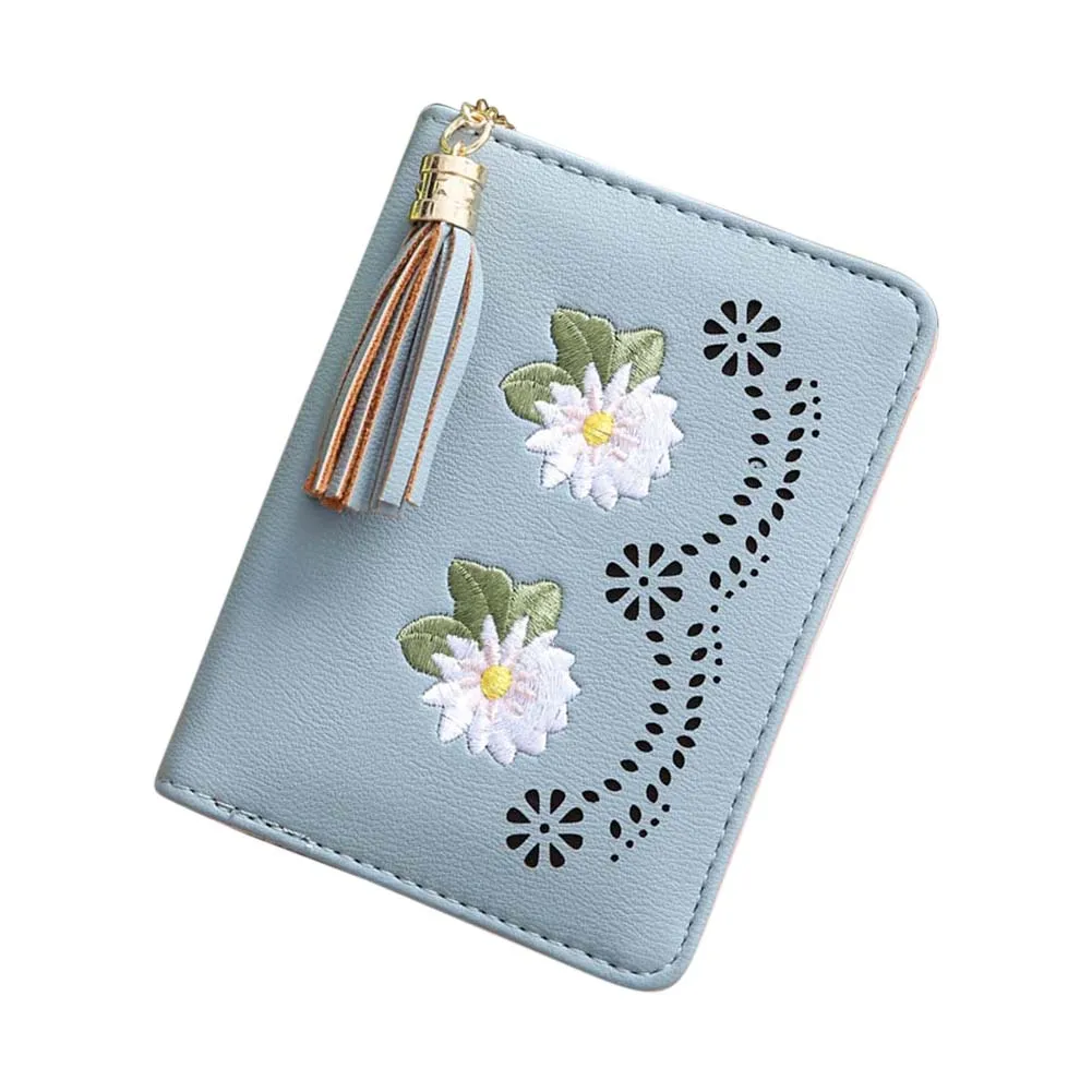 Light Blue Винтаж цветок вышивка дамы портмоне, бумажники, держатели кисточкой сумка Простые Модные Дамские туфли из pu искусственной кожи короткие бумажник популярные FA$1 - Цвет: Light Blue