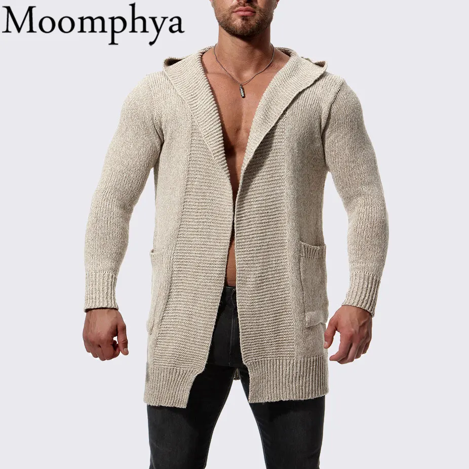 

Moomphya Hooded men cardigan sweater Knitted sweater men Streetwear hip hop cardigan men long style sweater coat sueter hombre