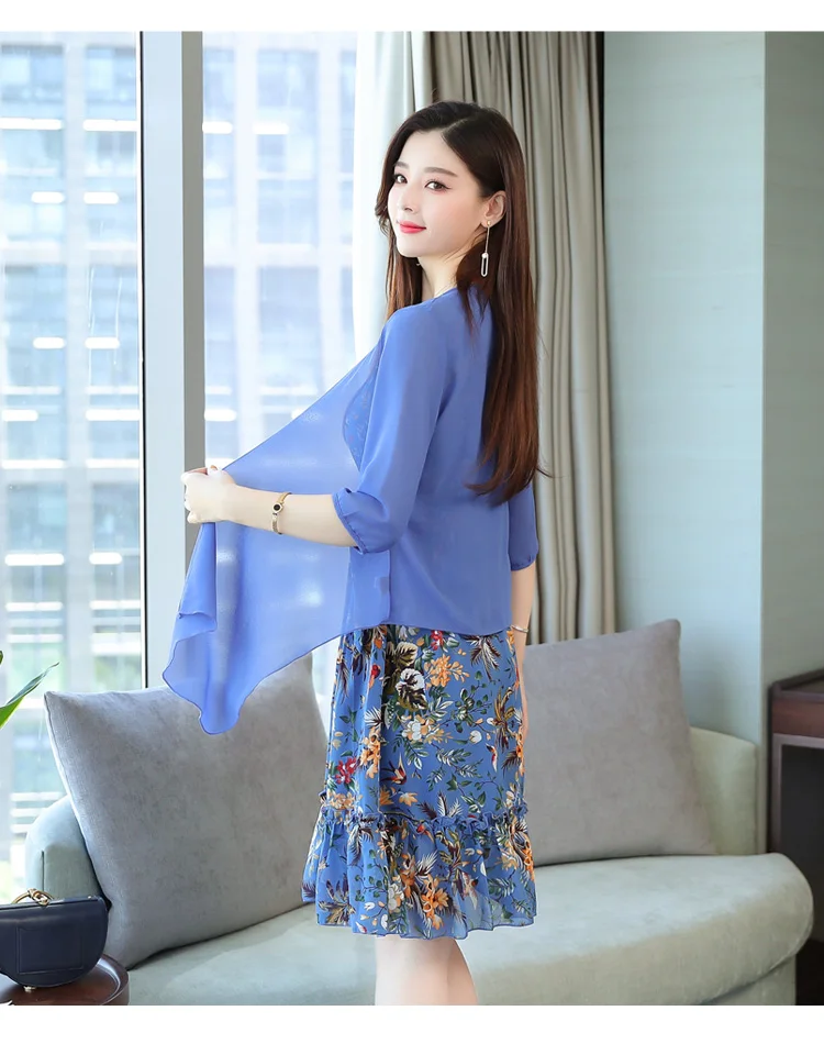 Elegant Floral Chiffon Two Piece Set Dresses Summer Vintage 4XL Plus Size Print Midi Sundress Women Bodycon Party Vestidos