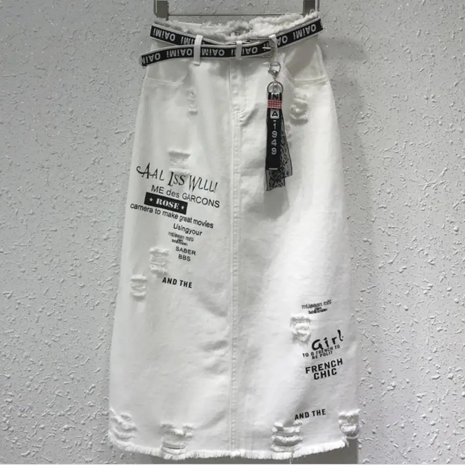 Размера плюс 5XL! Женская джинсовая юбка белая облегающая с буквенным принтом