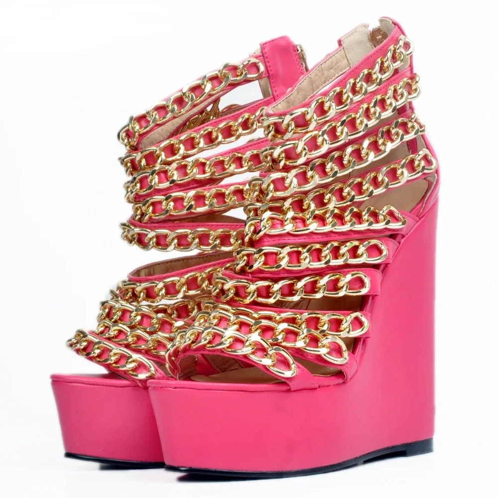 Лидер продаж босоножки на танкетке с золотыми цепочками пикантные летние туфли