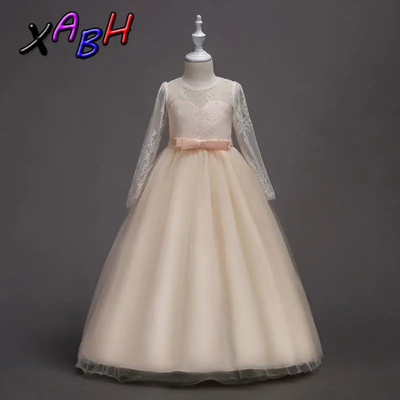 XABH Girls Lace Long Sleeve Gown Dress Children's Flower Girl Wedding Pageant Ball Gowns Kids Fancy Costume | Детская одежда и