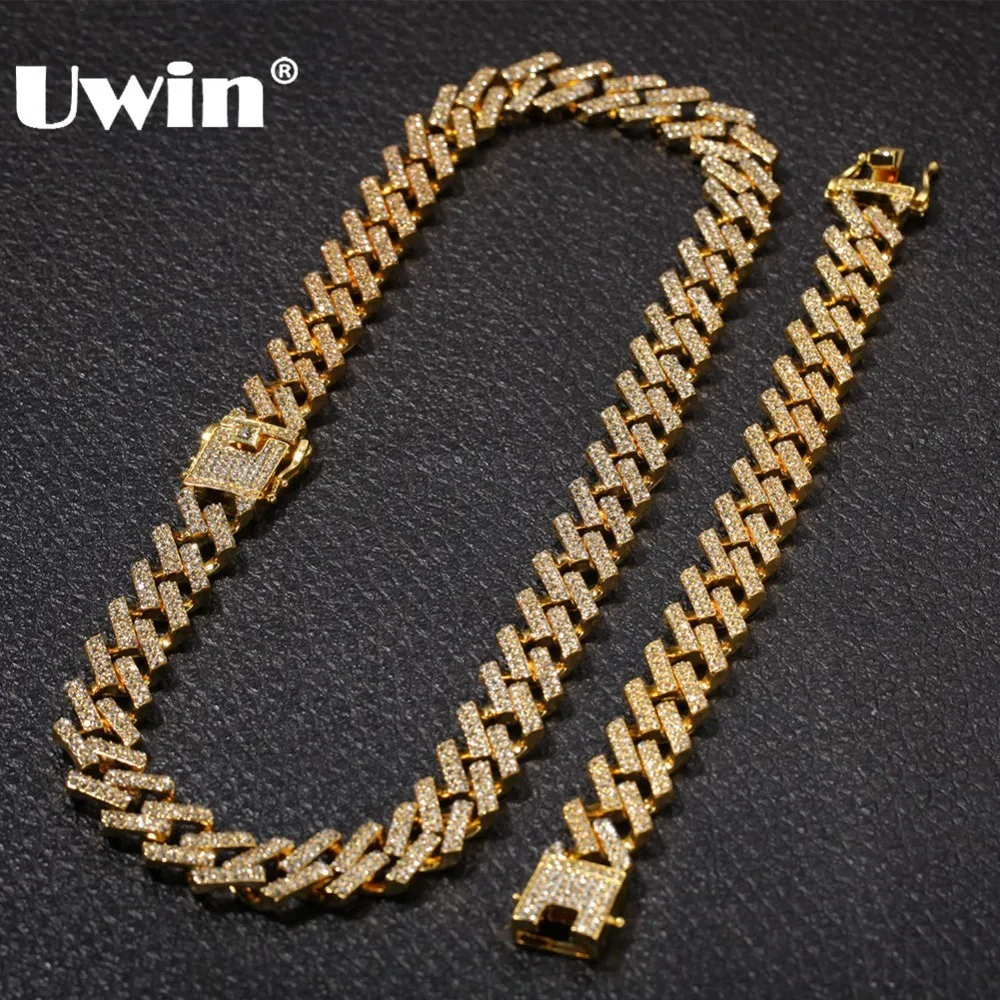 

UWIN NE+BA Fashion Jewelry Necklaces & Bracelets 15mm Fashion Gold Color Iced Out 2 Row Prong Cuban Link Chains For Men Women