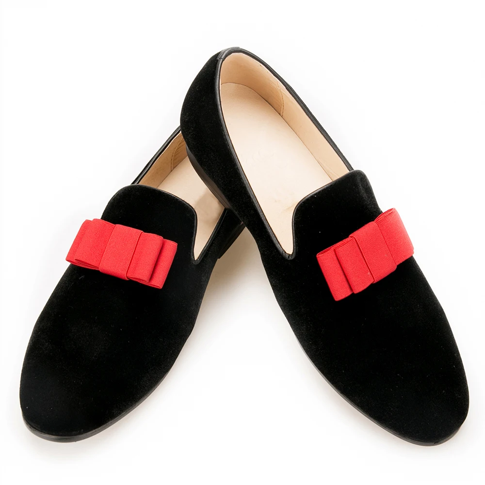 Красные и черные мужские бархатные туфли ручной работы с бантиком лоферы на