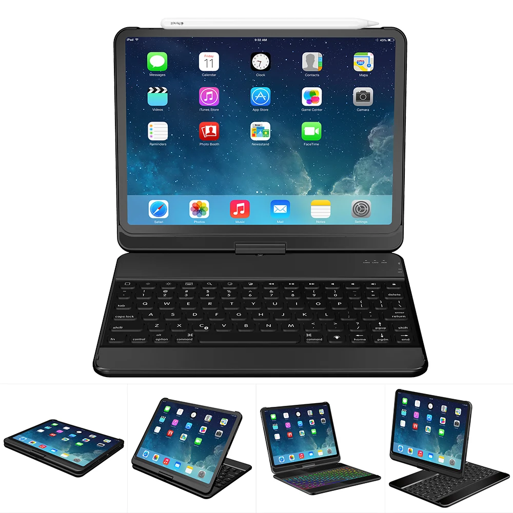 

Чехол для ipad pro 11 дюймов с беспроводной Bluetooth-клавиатурой, вращающаяся на 360 градусов подставка, противоударный чехол-книжка для больших нагр...