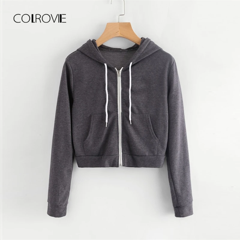 COLROVIE серая однотонная трикотажная укороченная толстовка на молнии с карманом, женская одежда, осень, консервативный пуловер, повседневные толстовки