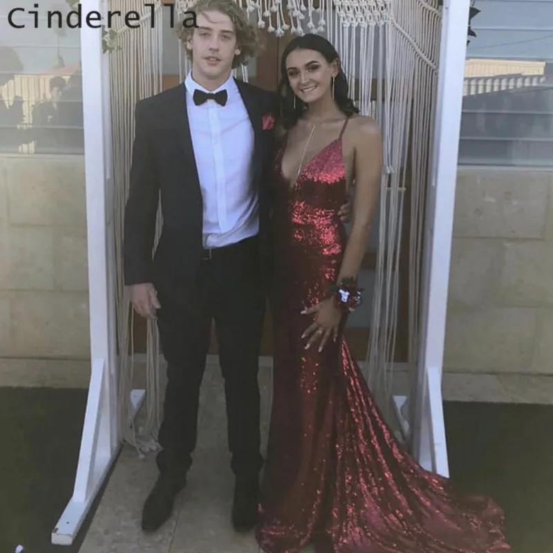 

Cinderella Buling Buling Red V-Neck Spaghetti Straps Court Train Cross Back Prom Dresses Lace Mermaid Party Gowns For Prom