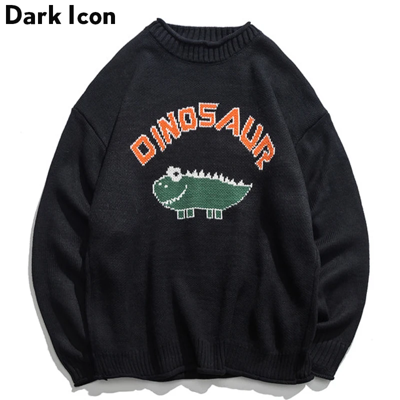 dinosaur lovely sweater men 2018 winter pullover mens sweaters oversized boy student sweater black khaki free global shipping