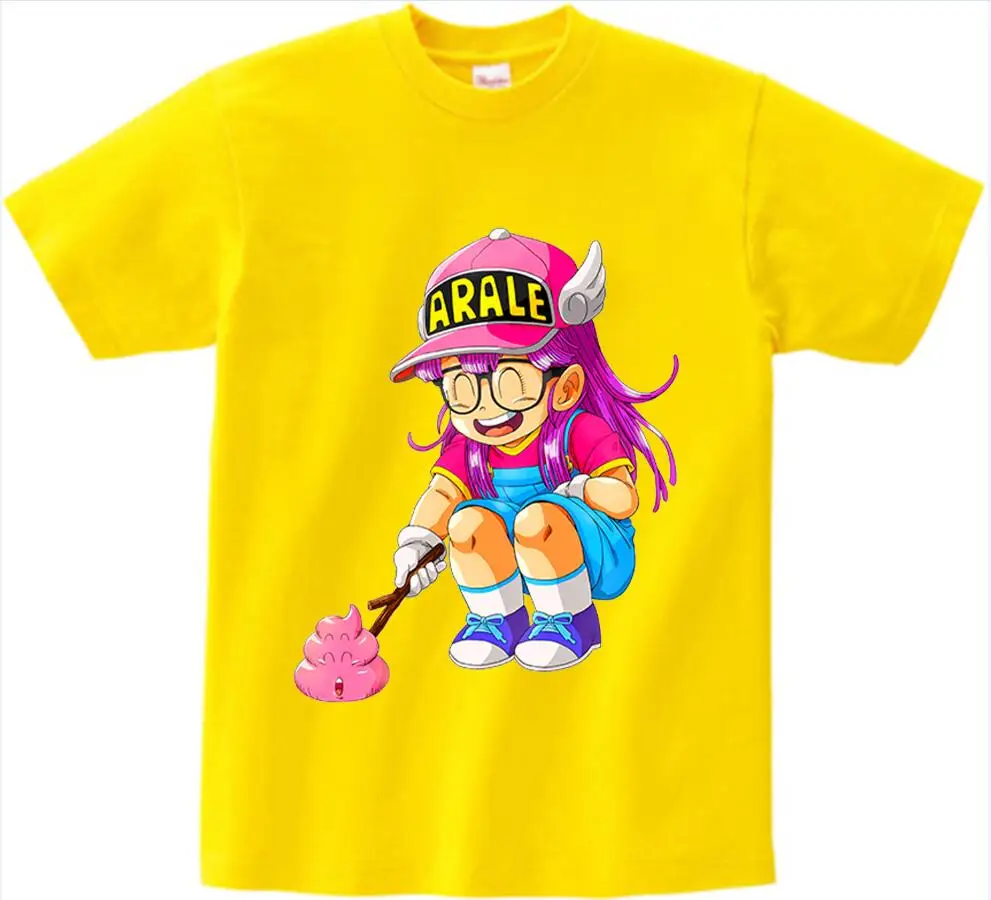 Детская футболка с принтом аниме «Драконий шар Z Arale» топы с короткими рукавами для мальчиков и девочек, футболка детская летняя Милая забавная футболка NN - Цвет: yellow childreTshirt