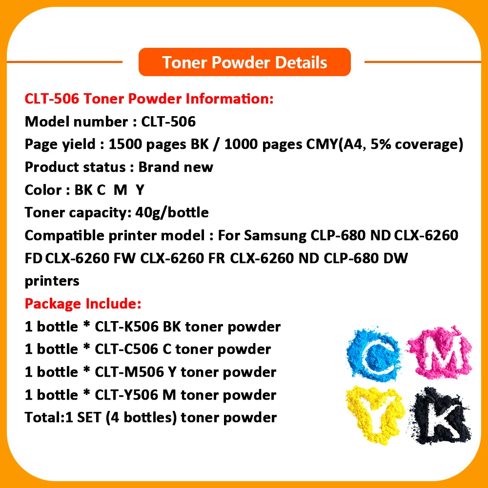 Xiangyu CLT506 4 X цветной сменный Тонер-порошок для Samsung CLTM-506-L K506 CLX 6260 S CLT-K506-L CLT M 506-L 506 |