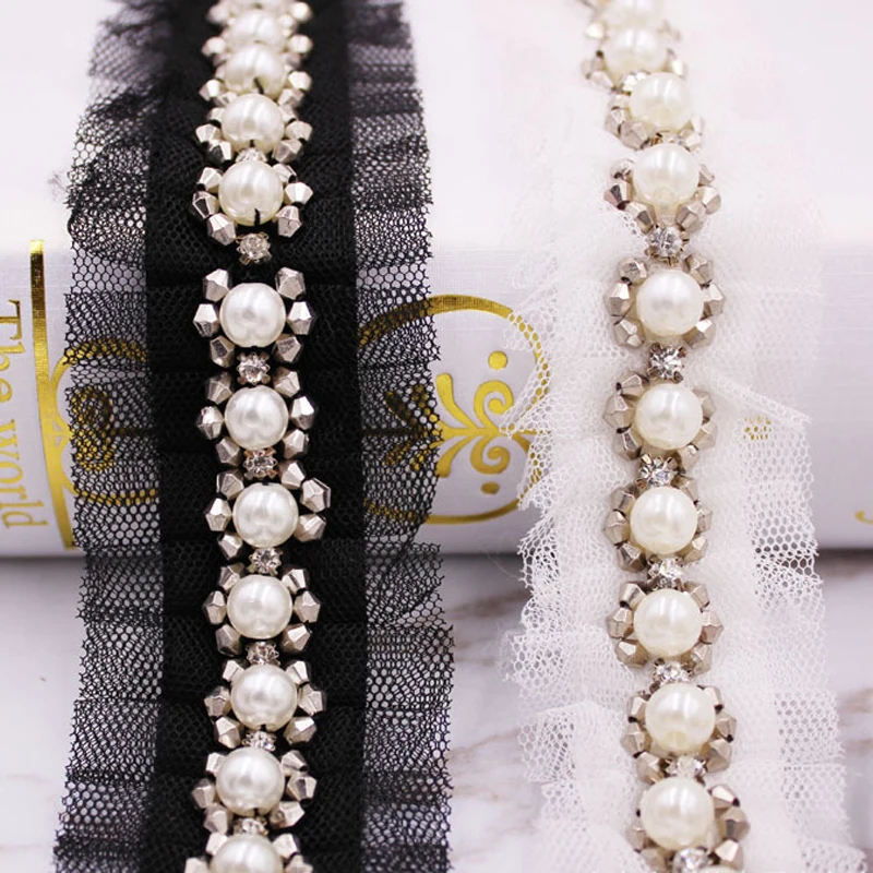 10Yards White Black Fake Pearl Beaded Lace Trim Vintage Ruffled Mesh Fabric Braid Applique |