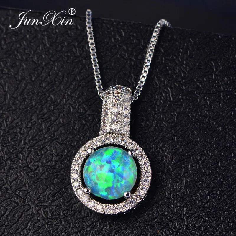 JUNXIN Female White/Green/Pink/Blue Fire Opal Necklace White Gold Filled Jewelry Simple Round Necklaces &amp Pendants For Women | Украшения