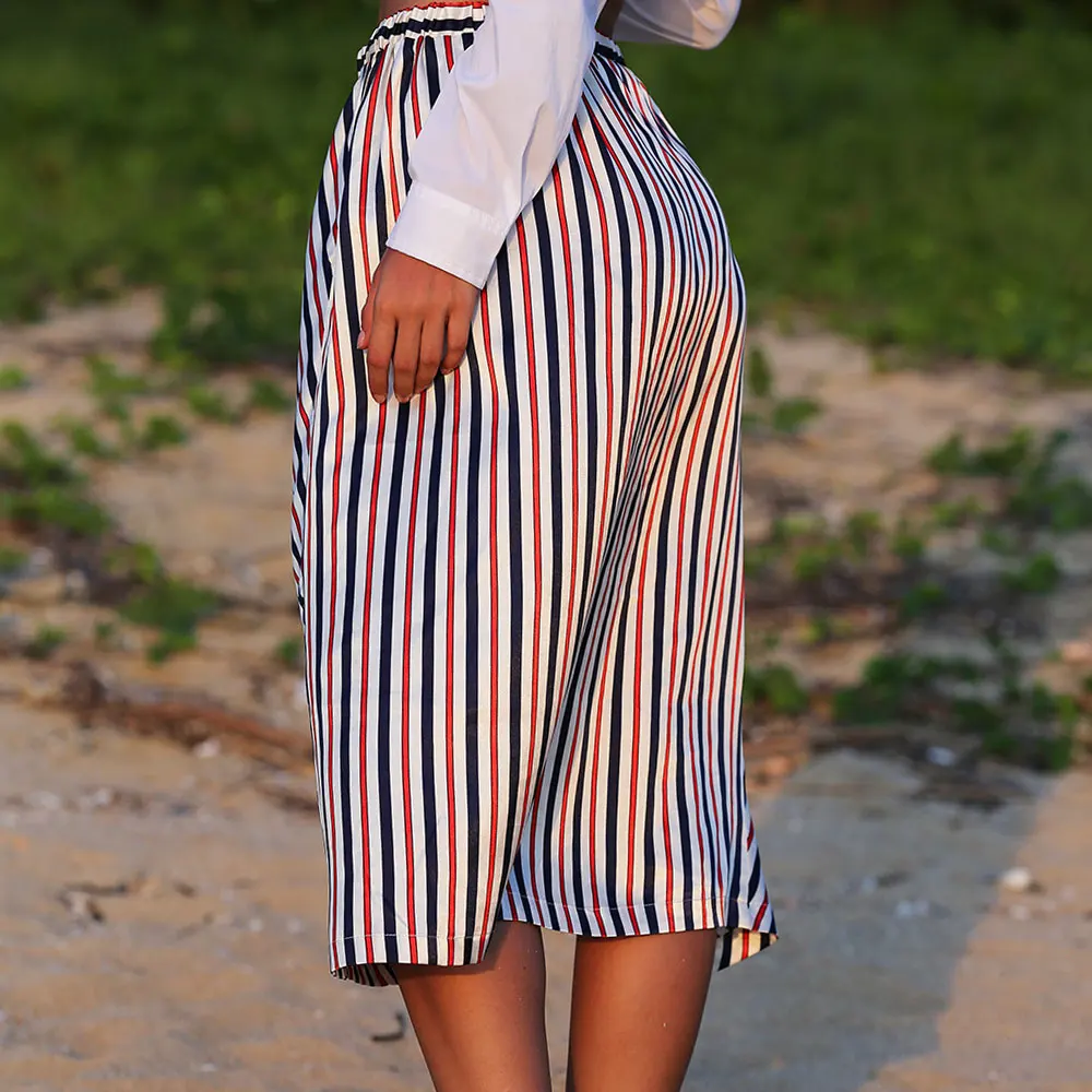 Мода полосатые юбки на резинке с высокой талией из лоскутов средней длины
