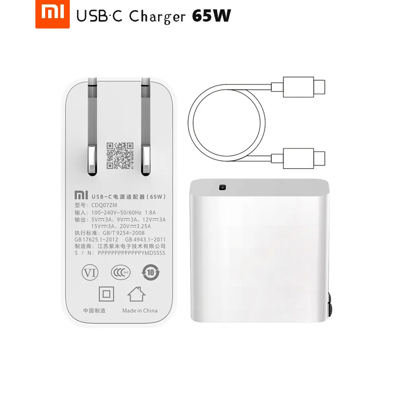 Xiaomi USB-C зарядное устройство 65 Вт макс Смарт выход type-C порт USB PD Быстрая зарядка USB PD 2,0 Быстрая зарядка QC 3,0