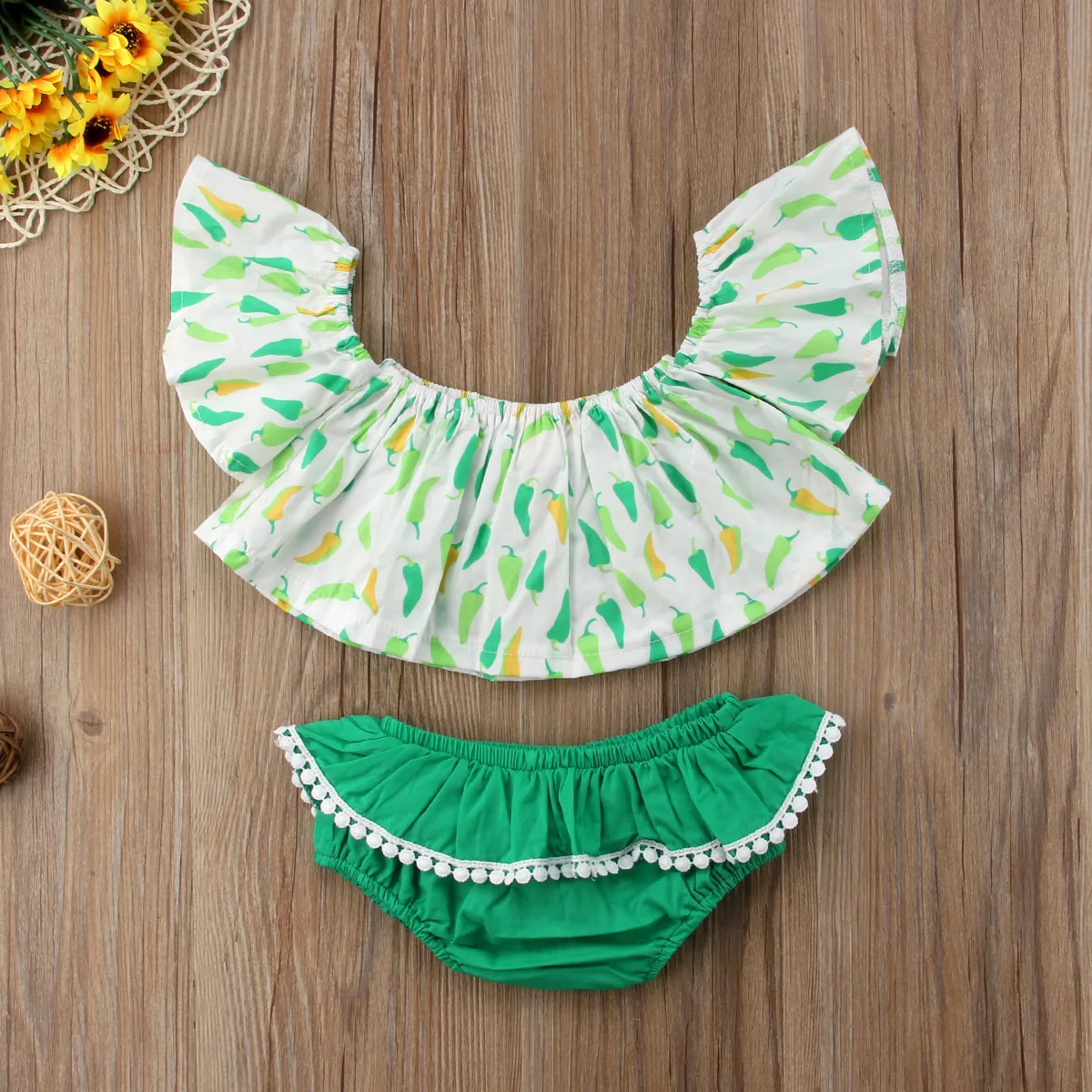 Зеленый комплект для новорожденных девочек топы с принтом перца футболка + шорты