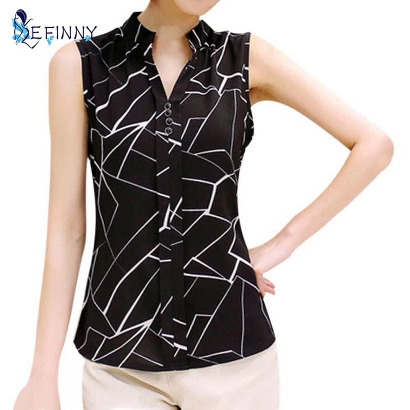EFINNY Летние женские топы Повседневные безрукавные модные блузки с V-образным вырезом Рубашка из шифона с принтом Блузки для женщин Блузки M-XXL Белый.