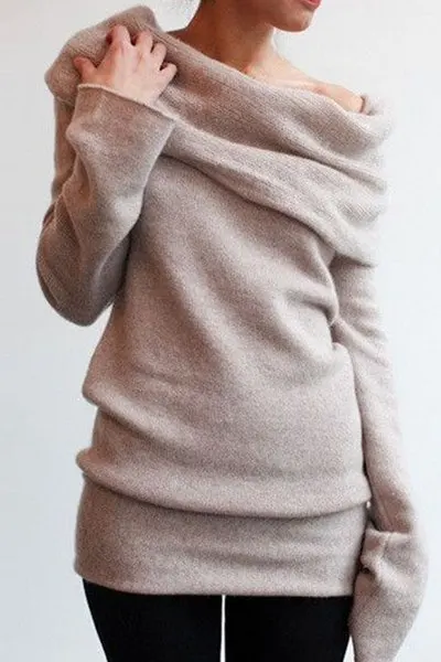 

Stylish Women Sweater Elegant Solid Color Slash Collar Long Sleeve Pullover Knitwear For Women Sweater Cute Sueter Mujer