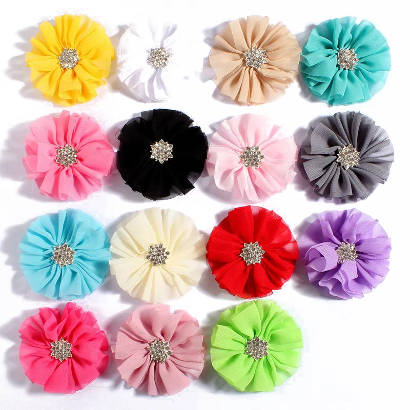 

5pcs/lot 6.5cm 15colors Fluffy Chiffon Flowers+Snow Rhinestone Buttons Ruffled Artificial Fabric Flowers For Kids Headbands