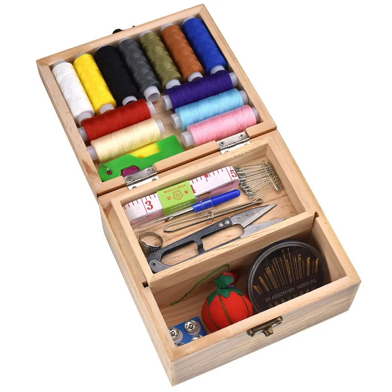 

Looen Multifunction Wood Box Sewing Kit Threads Needle Tape Measure Scissor Buttons Sewing Tools Accessories For Women Mom Gift