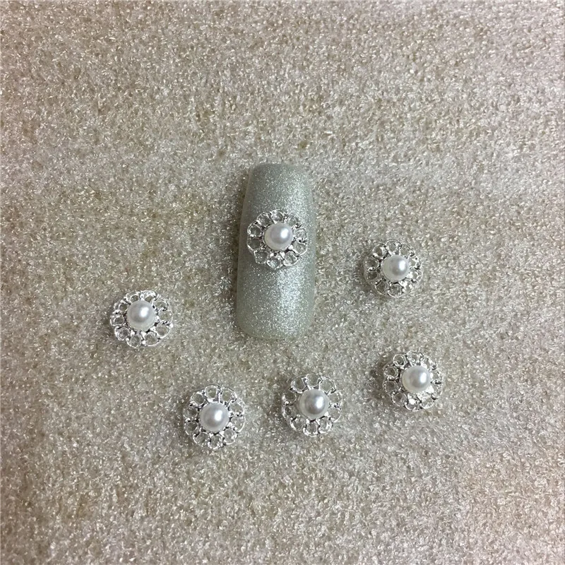 

10 Pcs/bag 3D Manicure Pearl Silver Alloy Jewelry Nail Art Decor Diamond Stickers Crystal Glue In The Nail New Fashion ToolsNO75