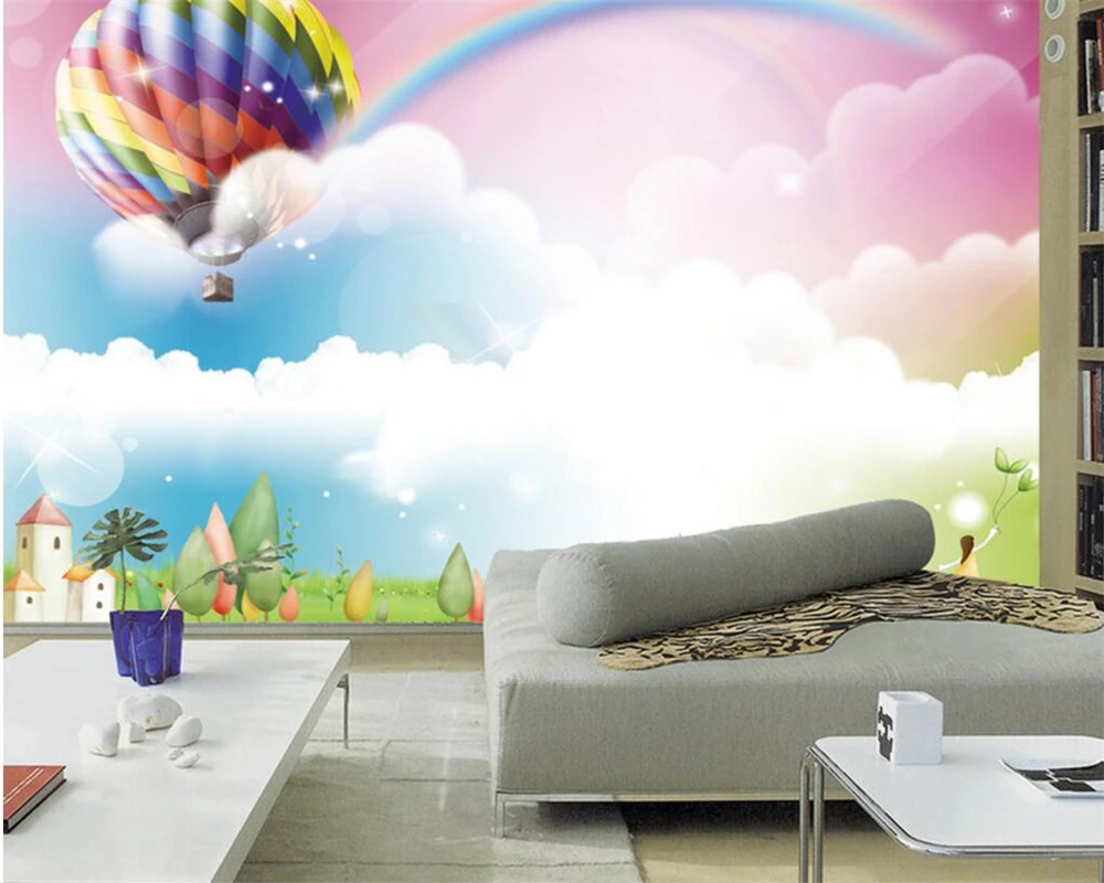ที่กำหนดเองขนาดใหญ่วอลล์เปเปอร์ดอกไม้ Dream Hot Air บอลลูน Rainbow วอลล์เปเปอร์รูปภาพการ์ตูนเด็ก3d วอลล...