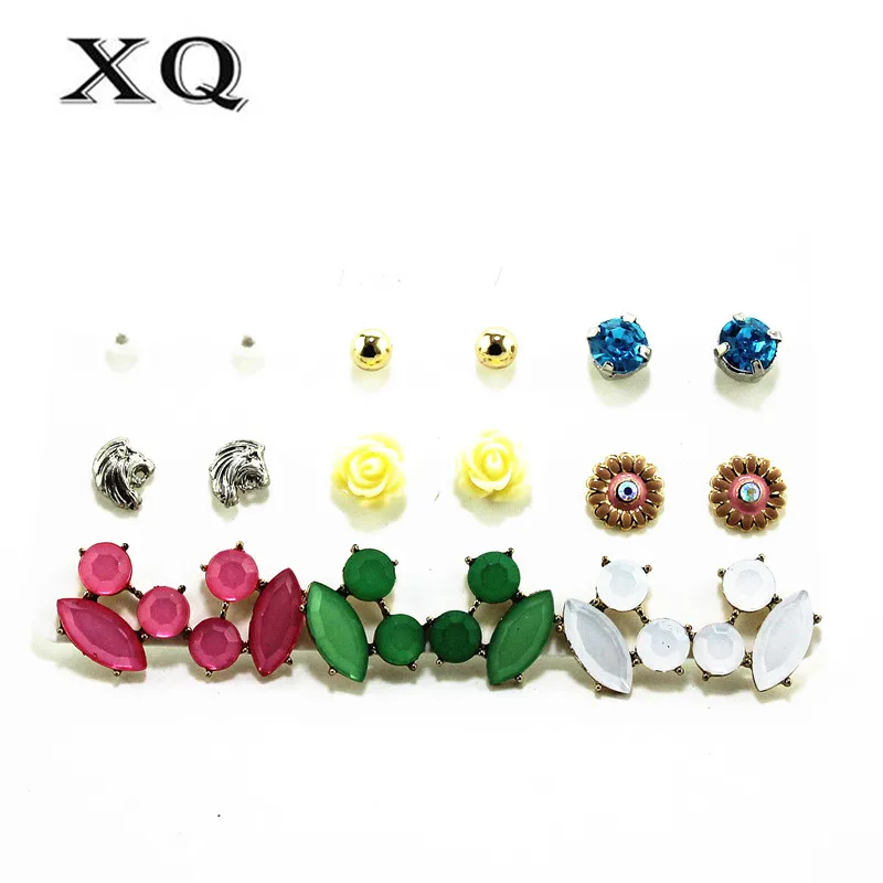 XQ fashion new plant 9 pairs / set of flowers color green white imitation pearl mixed earrings exquisite accessories | Украшения и