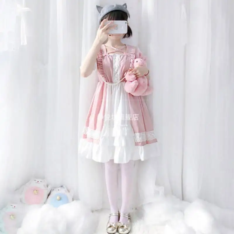 

Summer Women Lolita Dresses Sweet Girl Lattern Short Sleeve College Dress Daily Princess Dresses Kawaii Pink Loli Cosplay