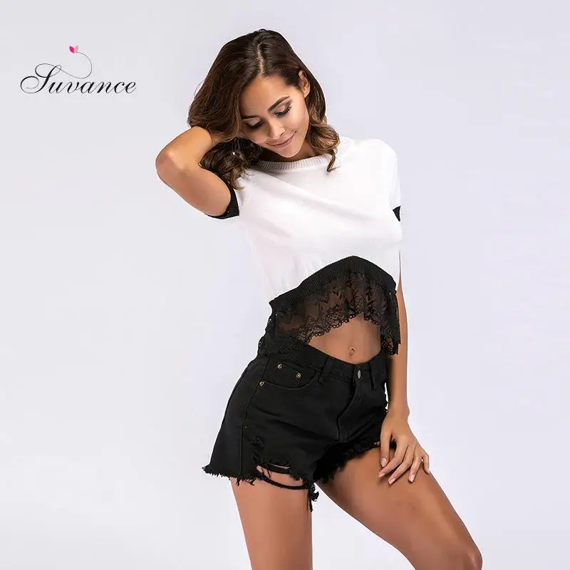 Весна Лето Повседневный вязаный пуловер пэчворк эластичный с коротким рукавом