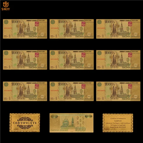 1000 Ruble 10 шт./лот, новая российская валютная бумага, 5000 рубля, золотые банкноты, 24k позолоченные деньги для сбора - Цвет: 1000 Ruble