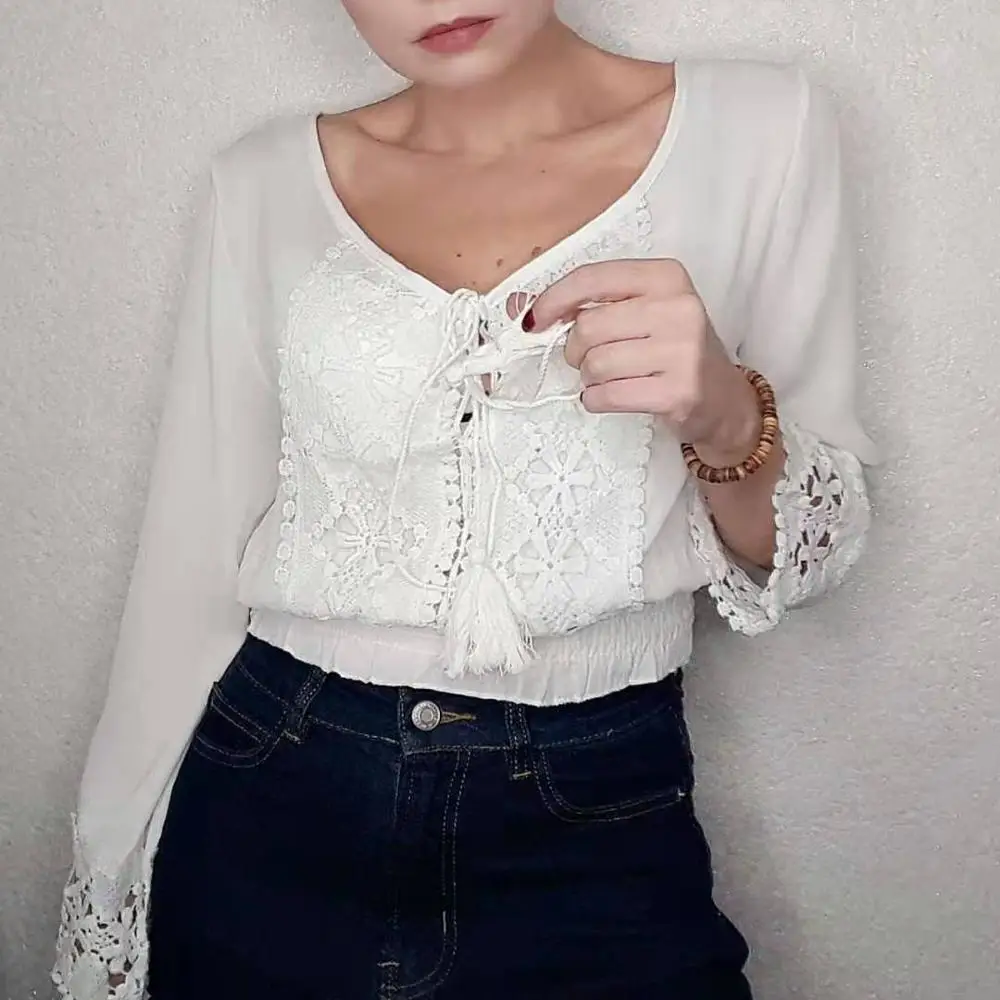 Женская блузка рубашка с длинным рукавом кружевная белая сексуальные ажурные