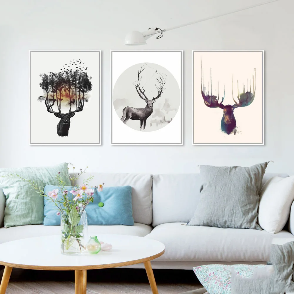 Nordic Minimalist Modern Watercolor Canvas Painting Art HD Print Poster Elk Deer Head Wall Stickers Living Room Home Decor Mix | Дом и сад