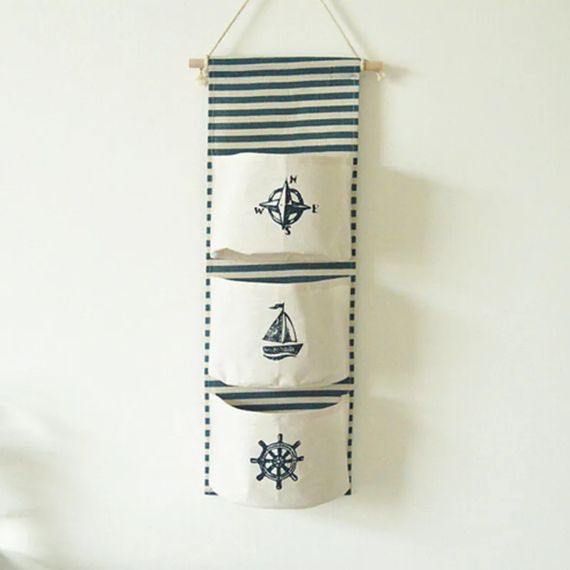 Хлопковая льняная подвесная косметичка с рисунком фламинго 3 кармана настенный