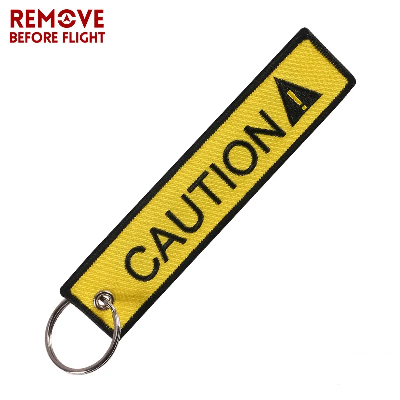 

New CAUTION Keychain Embroidery Black Letter Yellow Key Chain Holder for Cars and Motorcycles Key Fob CAUTION Keychains Jewelry