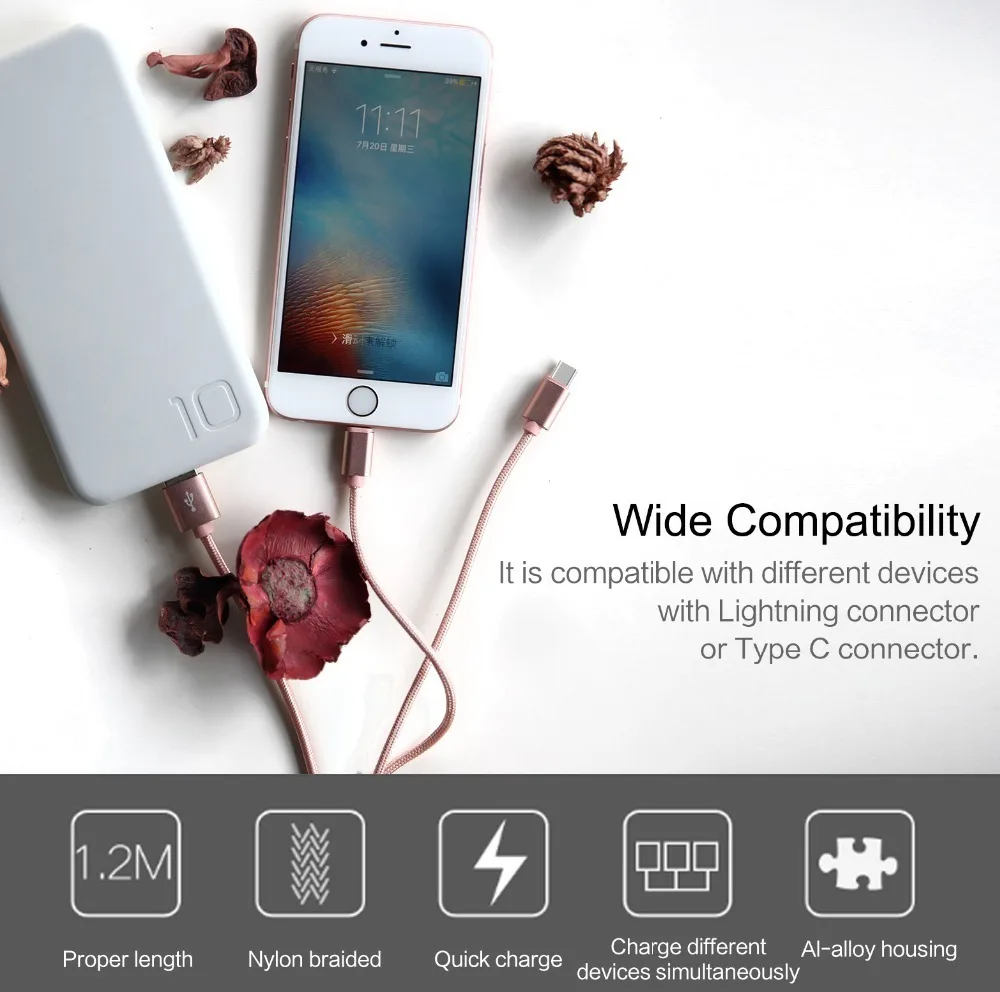 Зарядный кабель Rock 2 в 1 Usb Type-C для Iphone Samsung Xiaomi шнур быстрой зарядки USB-C Lightning Type-c |