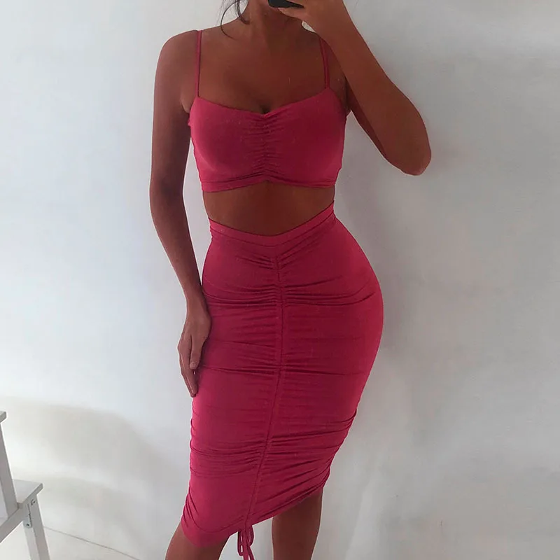 Sexy Pleated Dress Women 2 Piece Set Lace Up Sleeveless Party Club Outfits Bodycon Two Dresses Vestido | Женская одежда